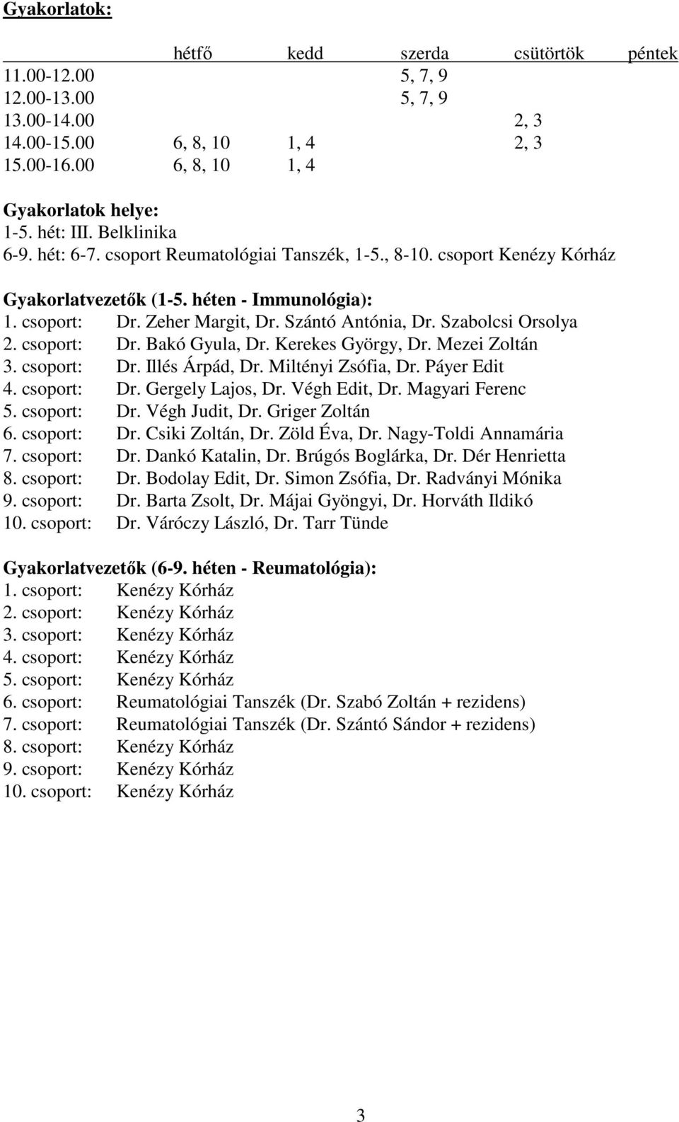 Szabolcsi Orsolya 2. csoport: Dr. Bakó Gyula, Dr. Kerekes György, Dr. Mezei Zoltán 3. csoport: Dr. Illés Árpád, Dr. Miltényi Zsófia, Dr. Páyer Edit 4. csoport: Dr. Gergely Lajos, Dr. Végh Edit, Dr.