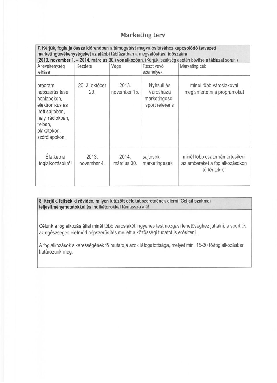 ) Atevékenység leírása Kezdete Vége Részt vevő személyek Marketing cél: program népszerűsítése honlapokon, elektronikus és írott sajtóban, helyi rádiókban, tv-ben, plakátokon, szórólapokon. 2013.