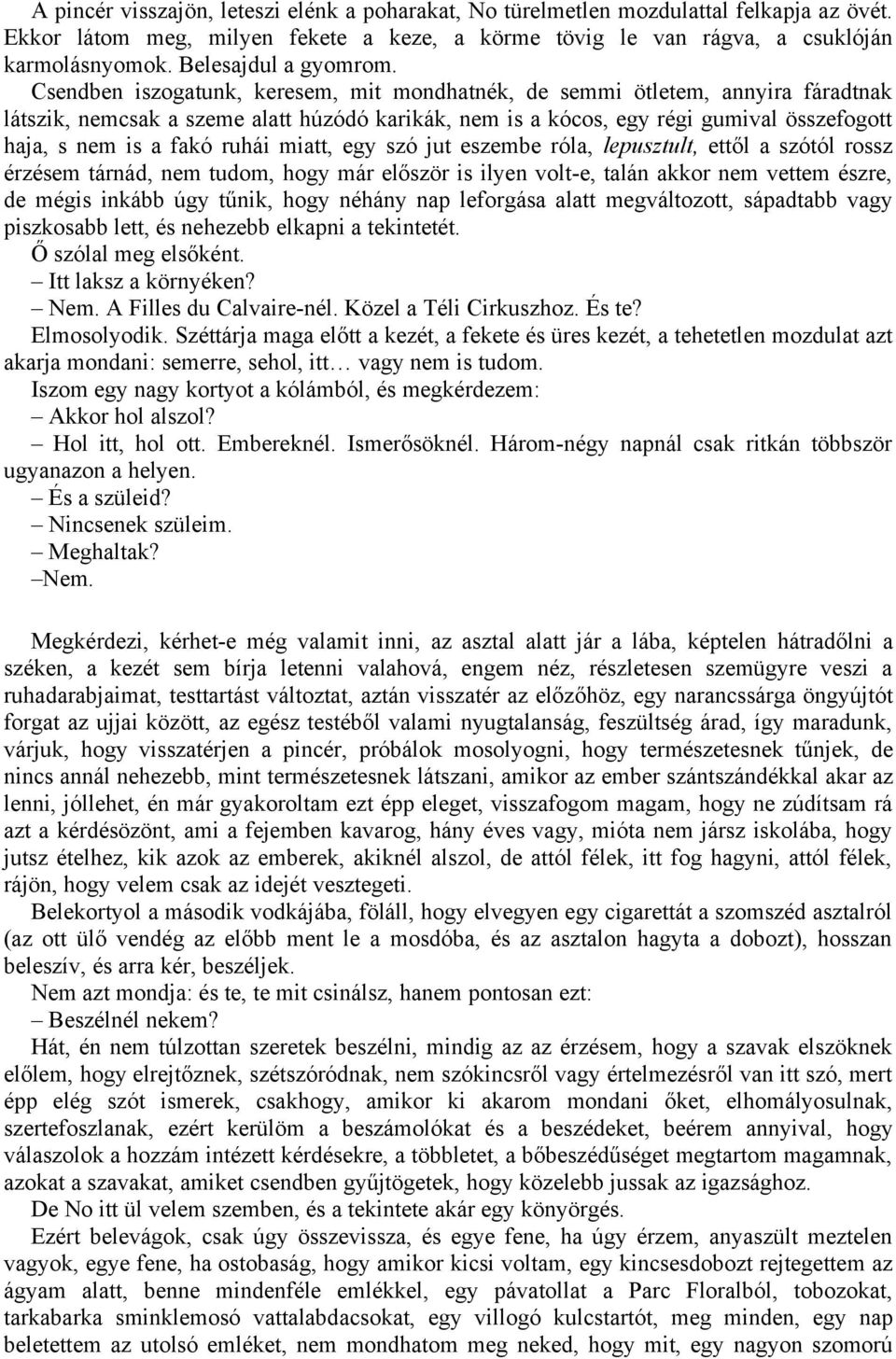 Csendben iszogatunk, keresem, mit mondhatnék, de semmi ötletem, annyira fáradtnak látszik, nemcsak a szeme alatt húzódó karikák, nem is a kócos, egy régi gumival összefogott haja, s nem is a fakó