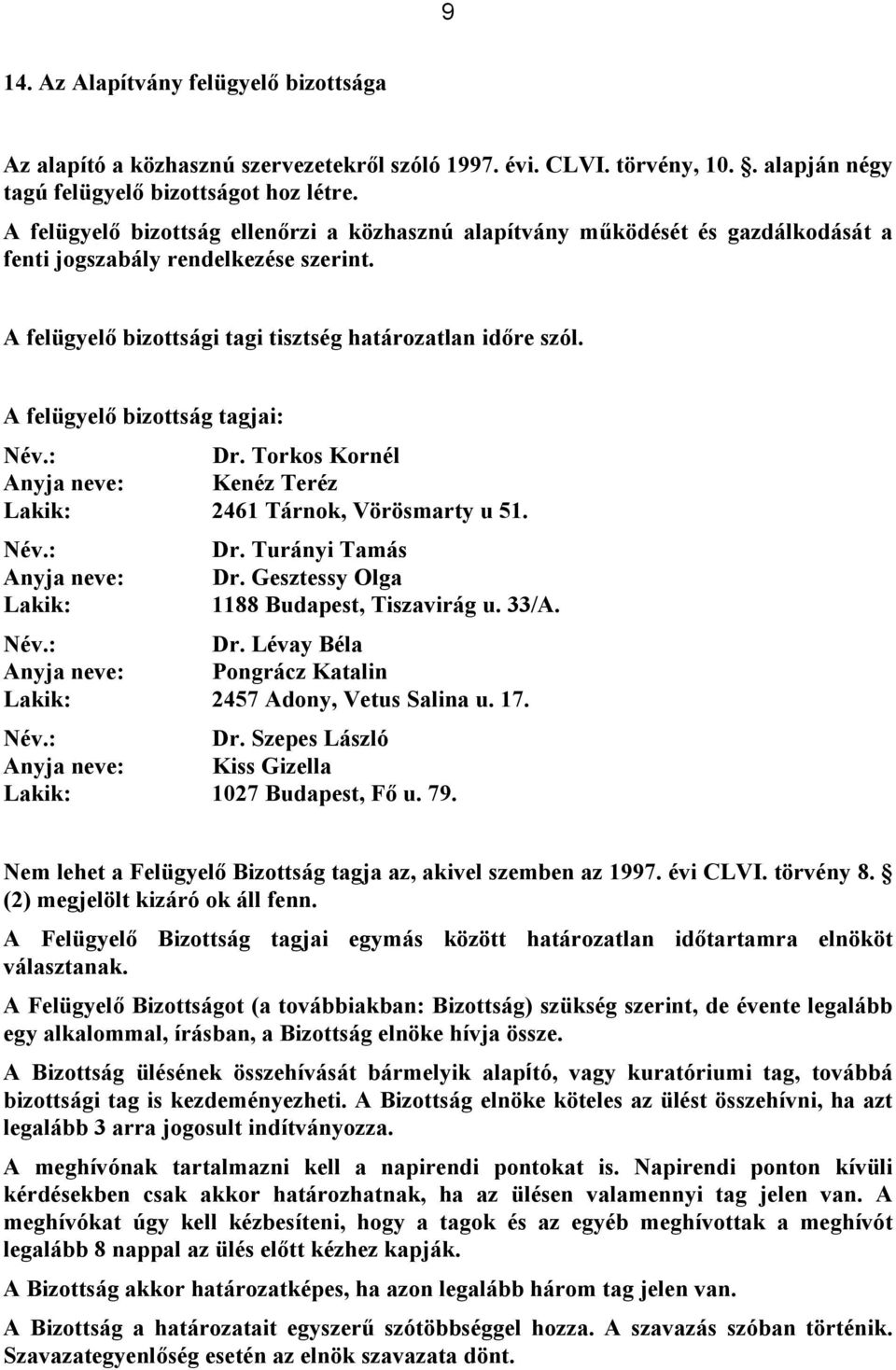 A felügyelő bizottság tagjai: Név.: Dr. Torkos Kornél Anyja neve: Kenéz Teréz Lakik: 2461 Tárnok, Vörösmarty u 51. Név.: Dr. Turányi Tamás Anyja neve: Dr.