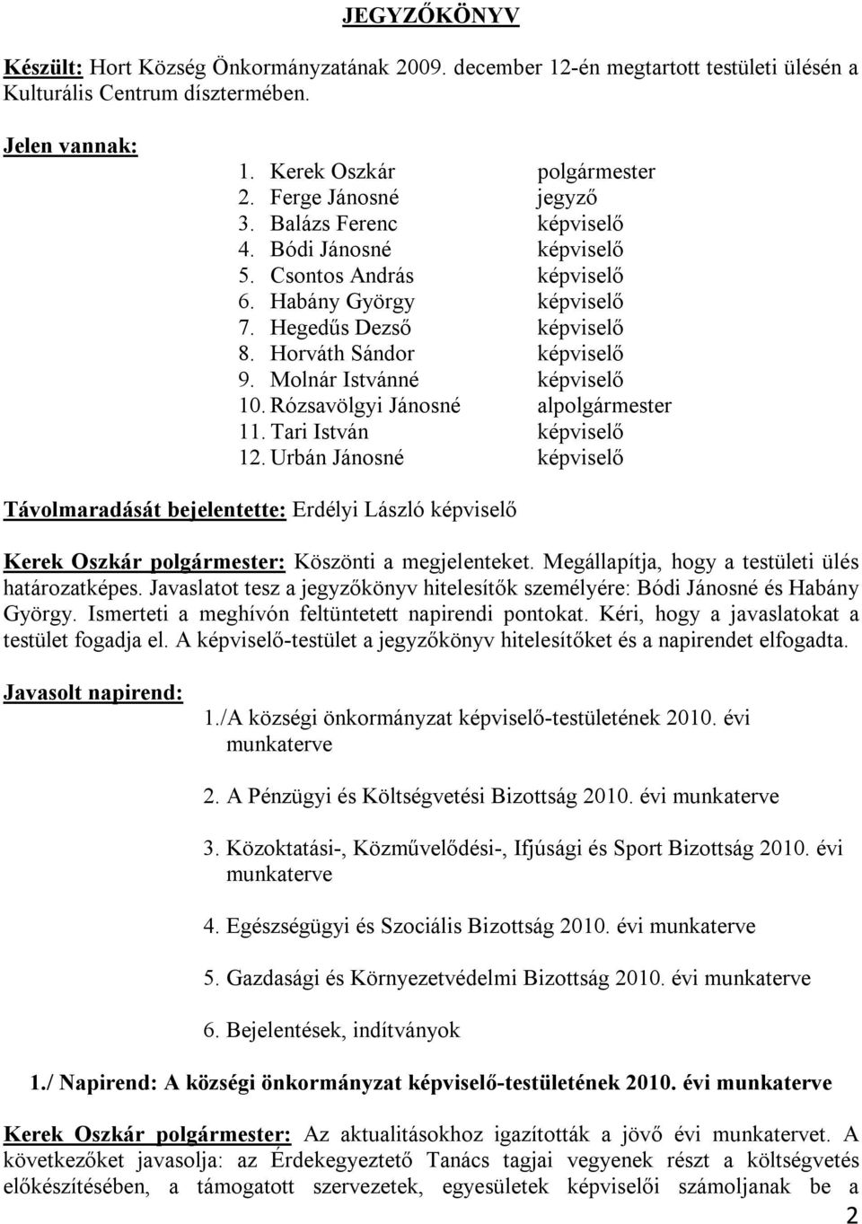 Molnár Istvánné képviselő 10. Rózsavölgyi Jánosné alpolgármester 11. Tari István képviselő 12.
