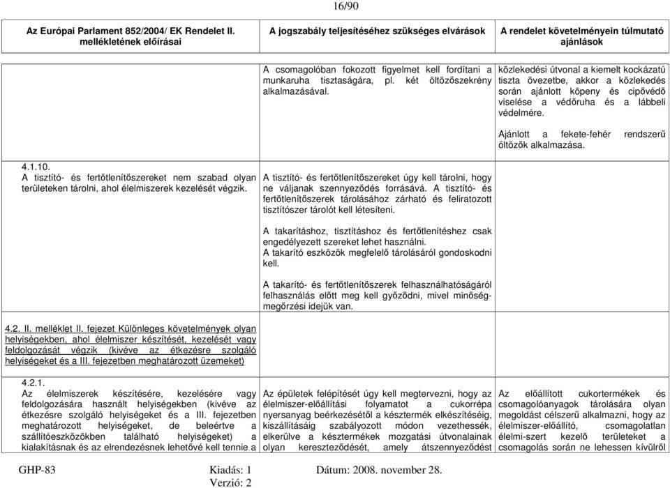 fejezet Különleges követelmények olyan helyiségekben, ahol élelmiszer készítését, kezelését vagy feldolgozását végzik (kivéve az étkezésre szolgáló helyiségeket és a III.