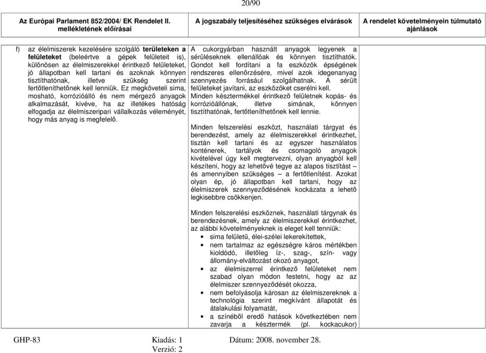 a gépek felületeit is), különösen az élelmiszerekkel érintkező felületeket, jó állapotban kell tartani és azoknak könnyen tisztíthatónak, illetve szükség szerint fertőtleníthetőnek kell lenniük.