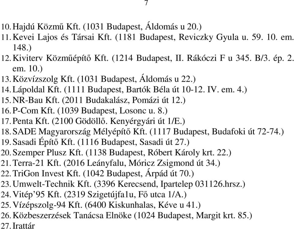 (2011 Budakalász, Pomázi út 12.) 16. P-Com Kft. (1039 Budapest, Losonc u. 8.) 17. Penta Kft. (2100 Gödöllő. Kenyérgyári út 1/E.) 18. SADE Magyarország Mélyépítő Kft. (1117 Budapest, Budafoki út 72-74.