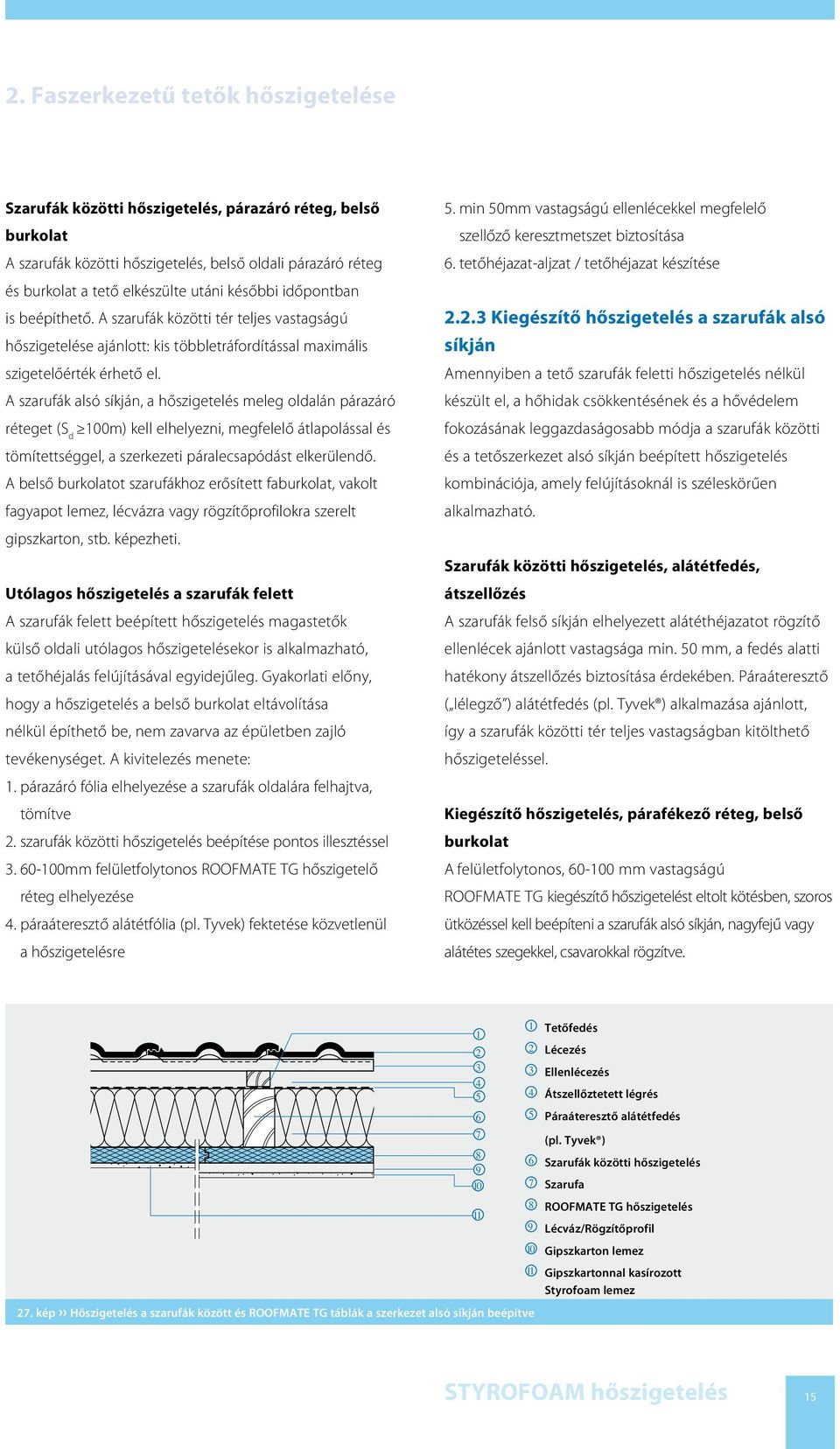 A szarufák alsó síkján, a hőszigetelés meleg oldalán párazáró réteget (S d 100m) kell elhelyezni, megfelelő átlapolással és tömítettséggel, a szerkezeti páralecsapódást elkerülendő.