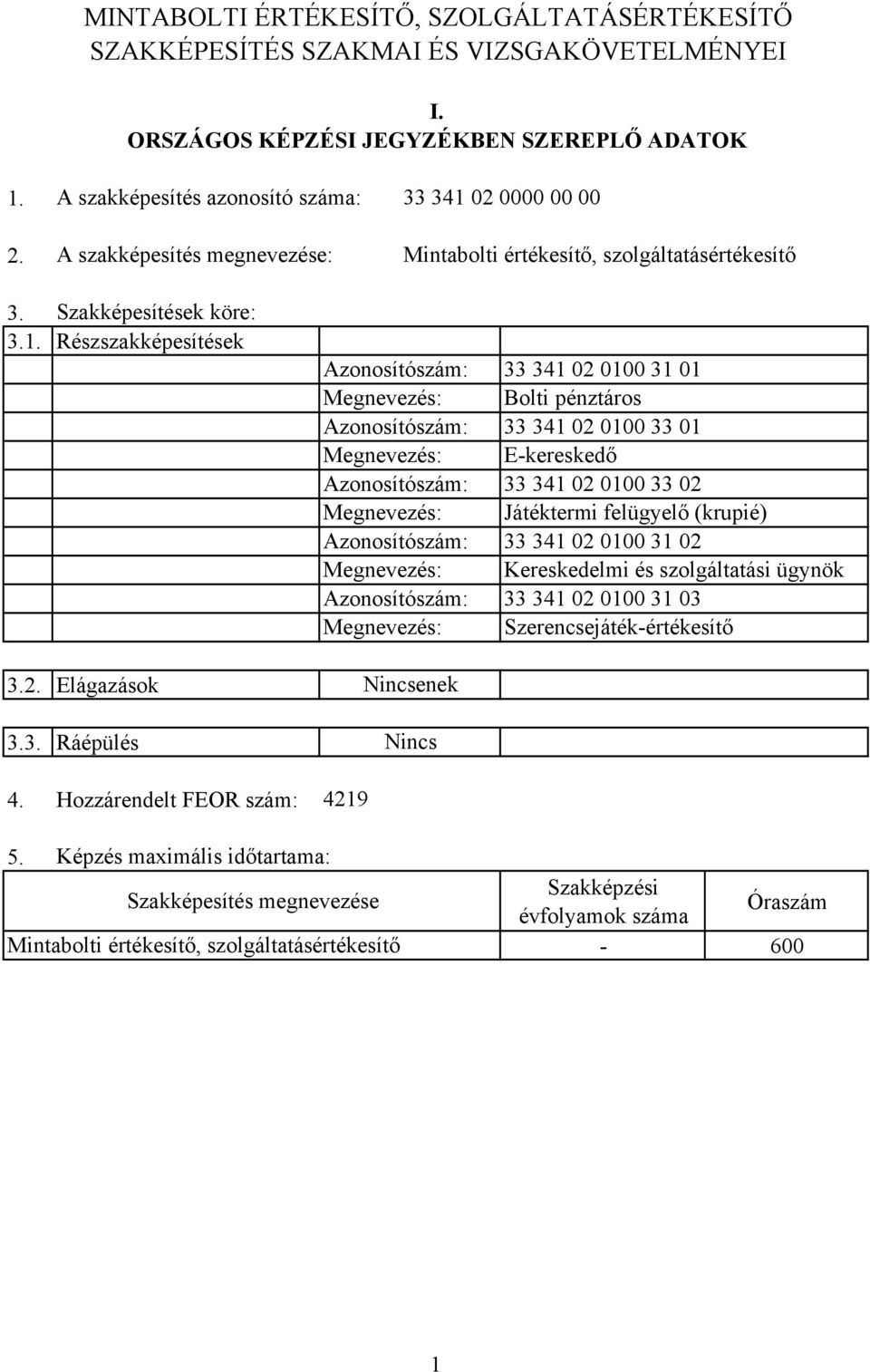 Hozzárendelt FEOR szám: Azonosítószám: 33 341 02 0100 31 01 Megnevezés: olti pénztáros Azonosítószám: 33 341 02 0100 33 01 Megnevezés: Ekereskedő Azonosítószám: 33 341 02 0100 33 02 Megnevezés: