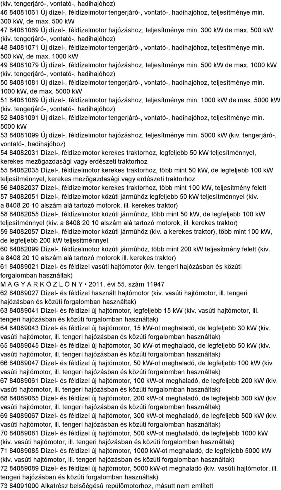 tengerjáró-, vontató-, hadihajóhoz) 48 84081071 Új dízel-, féldízelmotor tengerjáró-, vontató-, hadihajóhoz, teljesítménye min. 500 kw, de max.