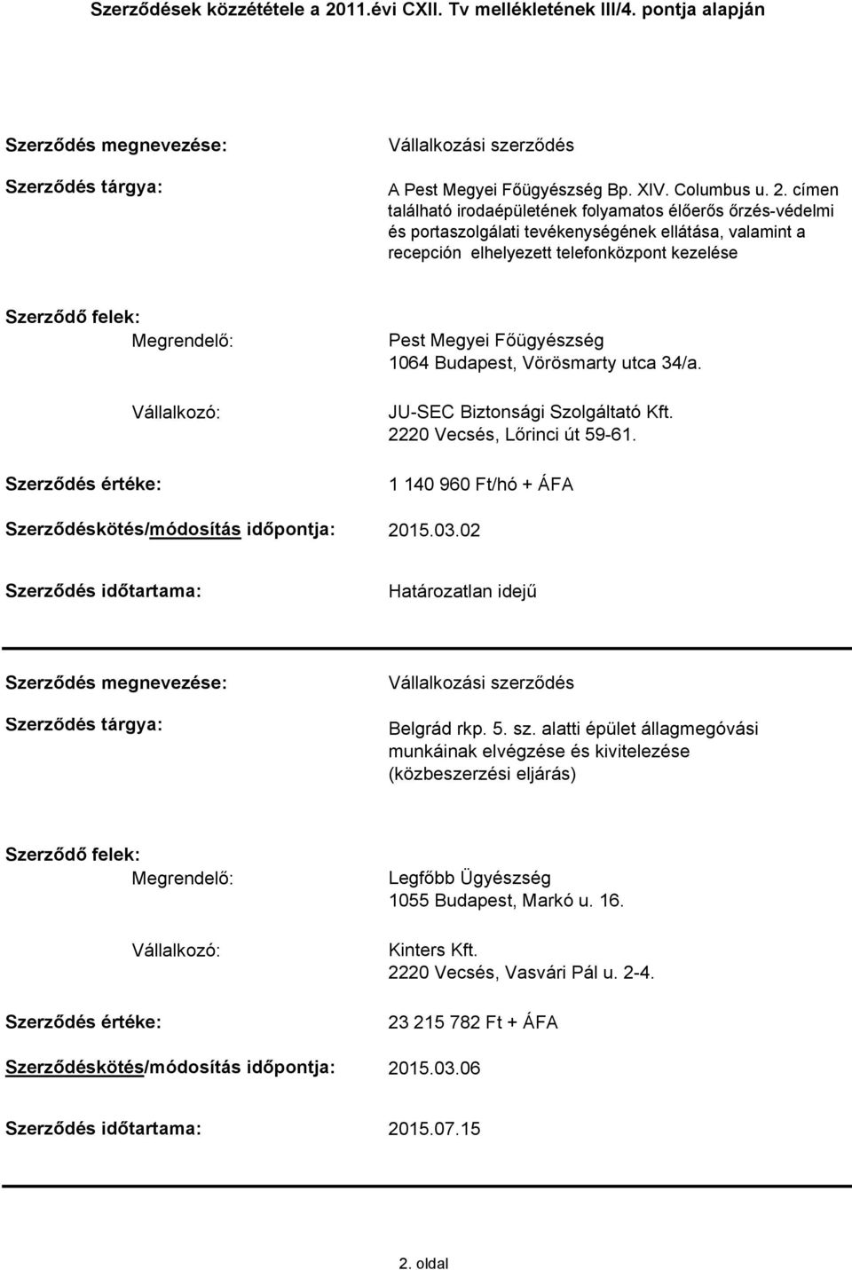 Megyei Főügyészség 1064 Budapest, Vörösmarty utca 34/a. JU-SEC Biztonsági Szolgáltató Kft. 2220 Vecsés, Lőrinci út 59-61.