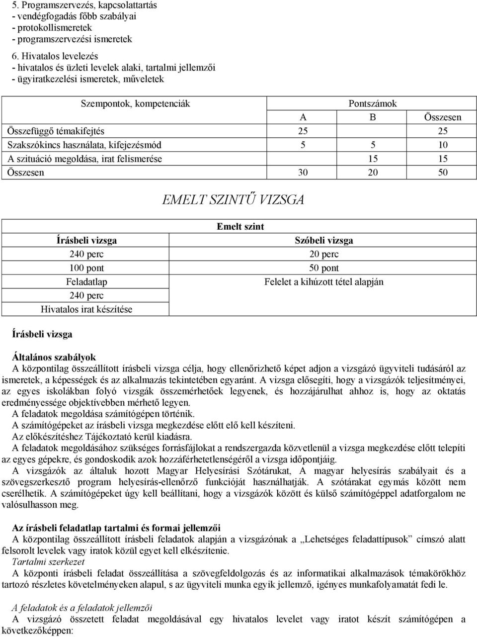 kifejezésmód 5 5 10 A szituáció megoldása, irat felismerése 15 15 Összesen 30 20 50 EMELT SZINTŰ VIZSGA 240 perc 20 perc 100 pont 50 pont Feladatlap Felelet a kihúzott tétel alapján 240 perc