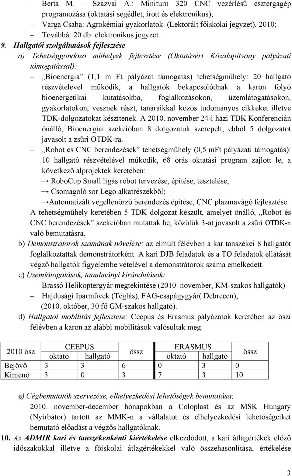 Hallgatói szolgáltatások fejlesztése a) Tehetséggondozó műhelyek fejlesztése (Oktatásért Közalapítvány pályázati támogatással): Bioenergia (1,1 m Ft pályázat támogatás) tehetségműhely: 20 hallgató