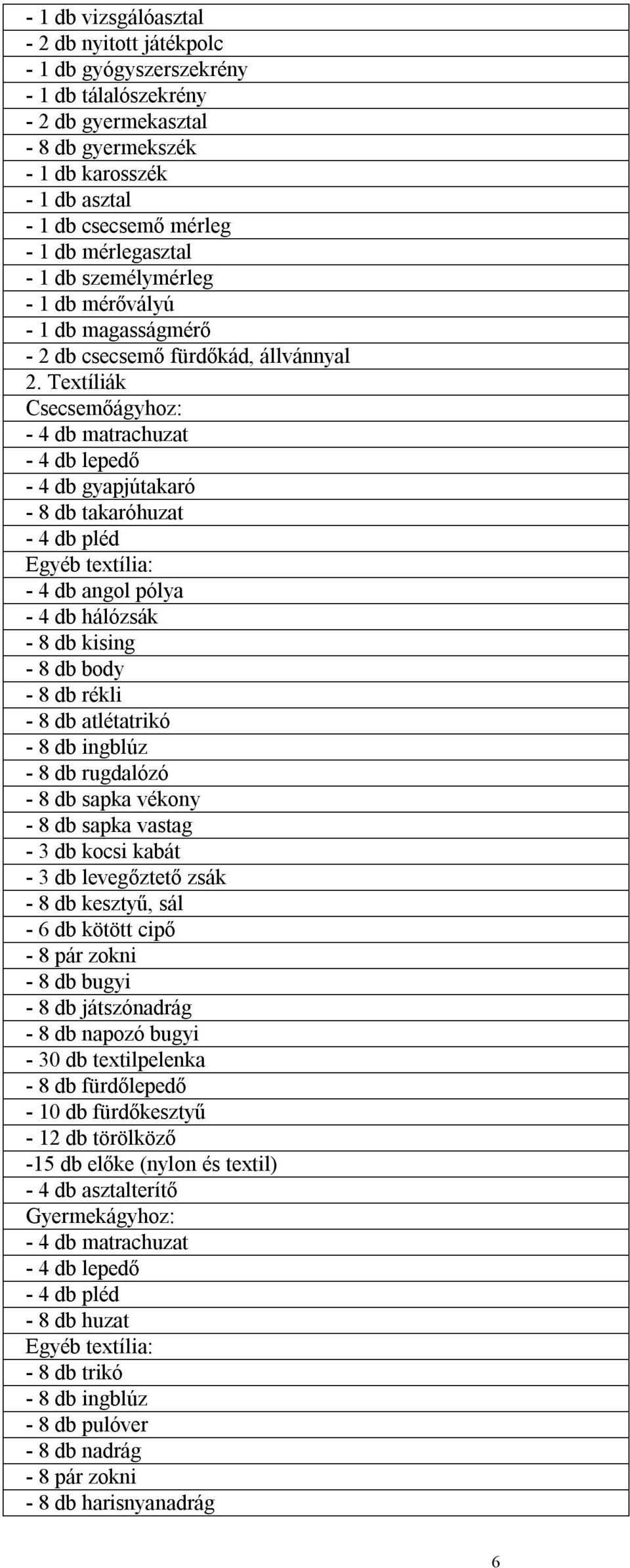 Textíliák Csecsemőágyhoz: - 4 db matrachuzat - 4 db lepedő - 4 db gyapjútakaró - 8 db takaróhuzat - 4 db pléd Egyéb textília: - 4 db angol pólya - 4 db hálózsák - 8 db kising - 8 db body - 8 db rékli