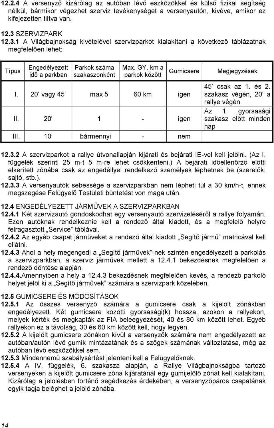 km a parkok között Gumicsere I. 20 vagy 45 max 5 60 km igen II. 20 1 - igen III. 10 bármennyi - nem Megjegyzések 45 csak az 1. és 2. szakasz végén, 20 a rallye végén Az 1.