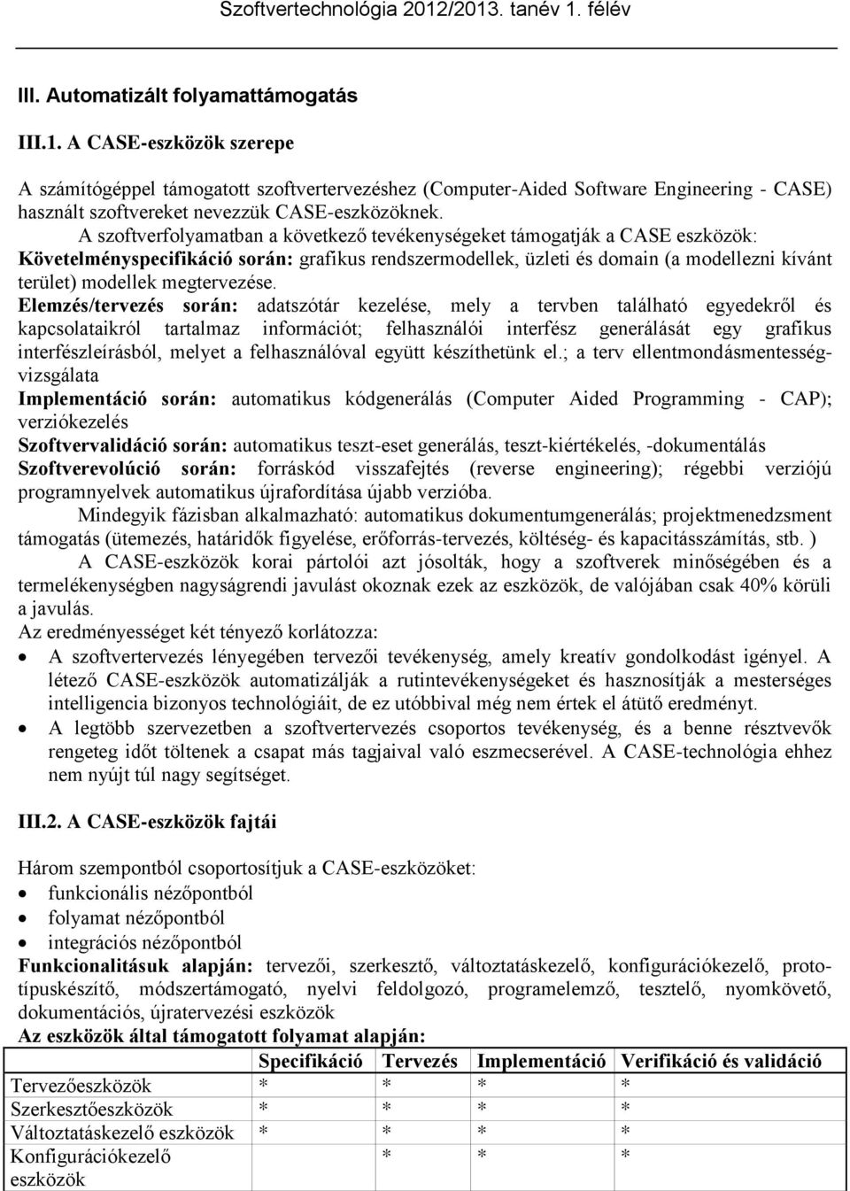 A szoftverfolyamatban a következő tevékenységeket támogatják a CASE eszközök: Követelményspecifikáció során: grafikus rendszermodellek, üzleti és domain (a modellezni kívánt terület) modellek