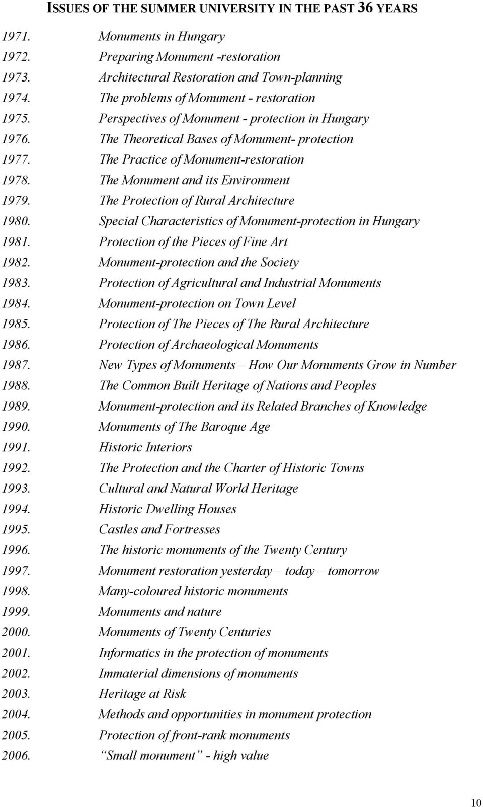 The Monument and its Environment 1979. The Protection of Rural Architecture 1980. Special Characteristics of Monument-protection in Hungary 1981. Protection of the Pieces of Fine Art 1982.