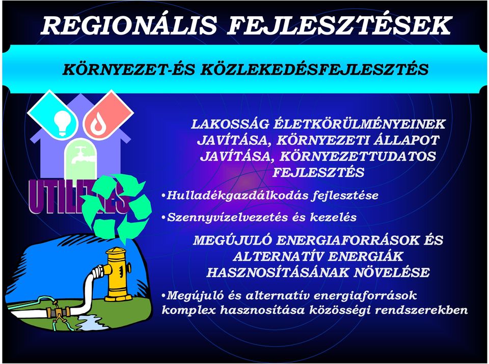 fejlesztése Szennyvízelvezetés és kezelés MEGÚJULÓ ENERGIAFORRÁSOK ÉS ALTERNATÍV ENERGIÁK