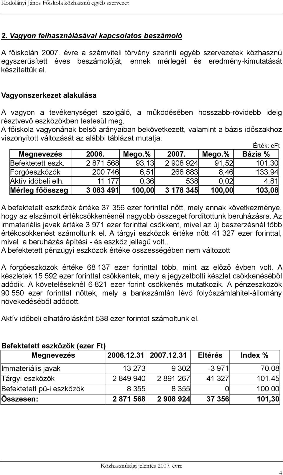 Vagyonszerkezet alakulása A vagyon a tevékenységet szolgáló, a működésében hosszabb-rövidebb ideig résztvevő eszközökben testesül meg.