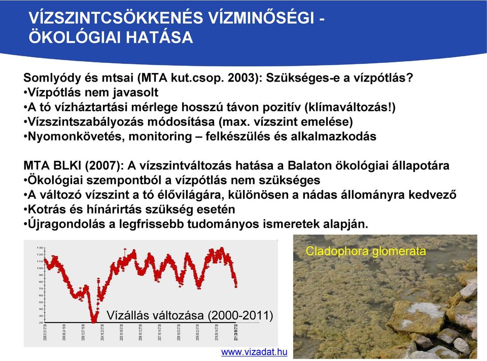 vízszint emelése) Nyomonkövetés, monitoring felkészülés és alkalmazkodás MTA BLKI (2007): A vízszintváltozás hatása a Balaton ökológiai állapotára Ökológiai