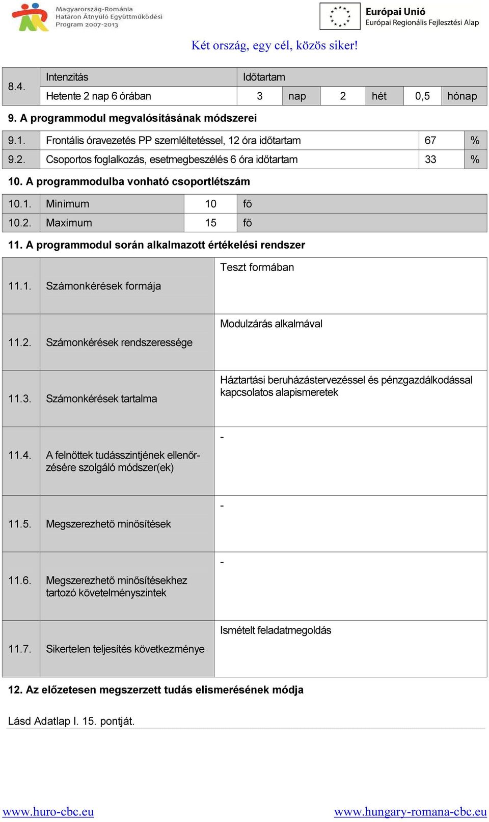 3. Számonkérések tartalma Háztartási beruházástervezéssel és pénzgazdálkodással kapcsolatos alapismeretek 11.4. A felnőttek tudásszintjének ellenőrzésére szolgáló módszer(ek) - 11.5.