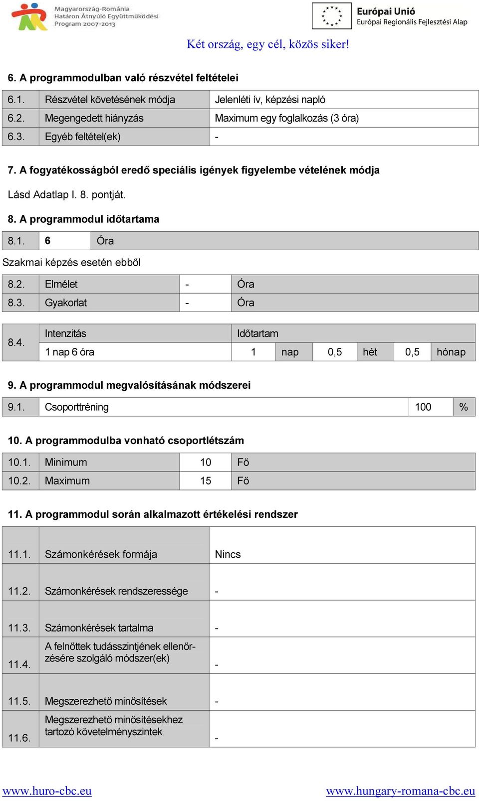 Gyakorlat - Óra 8.4. Intenzitás Időtartam 1 nap 6 óra 1 nap 0,5 hét 0,5 hónap 9. A programmodul megvalósításának módszerei 9.1. Csoporttréning 100 % 10. A programmodulba vonható csoportlétszám 10.1. Minimum 10 Fő 10.