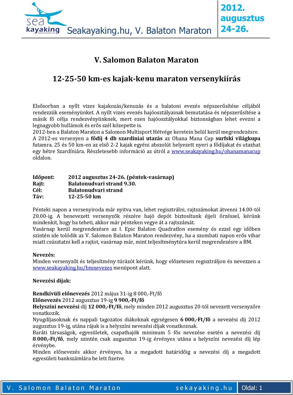 is. 2012-ben a Balaton Maraton a Salomon Multisport Hétvége keretein belül kerül megrendezésre. A 2012-es versenyen a fődíj 4 db szardíniai utazás az Ohana Mana Cup surfski világkupa futamra.