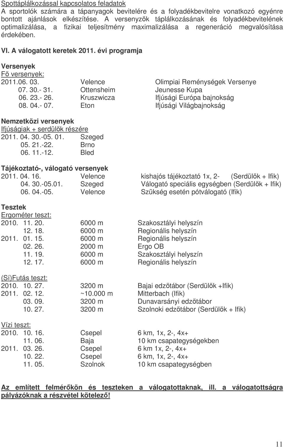 évi programja Versenyek F versenyek: 2011.06. 03. Velence Olimpiai Reménységek Versenye 07. 30.- 31. Ottensheim Jeunesse Kupa 06. 23.- 26. Kruszwicza Ifjúsági Európa bajnokság 08. 04.- 07.