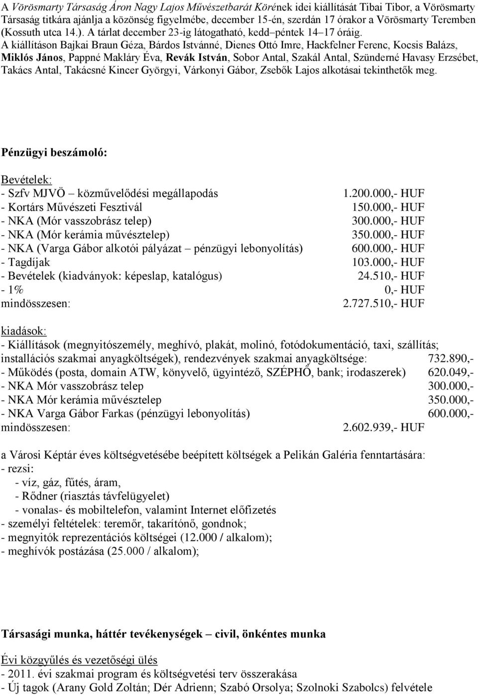 A kiállításon Bajkai Braun Géza, Bárdos Istvánné, Dienes Ottó Imre, Hackfelner Ferenc, Kocsis Balázs, Miklós János, Pappné Makláry Éva, Revák István, Sobor Antal, Szakál Antal, Szünderné Havasy