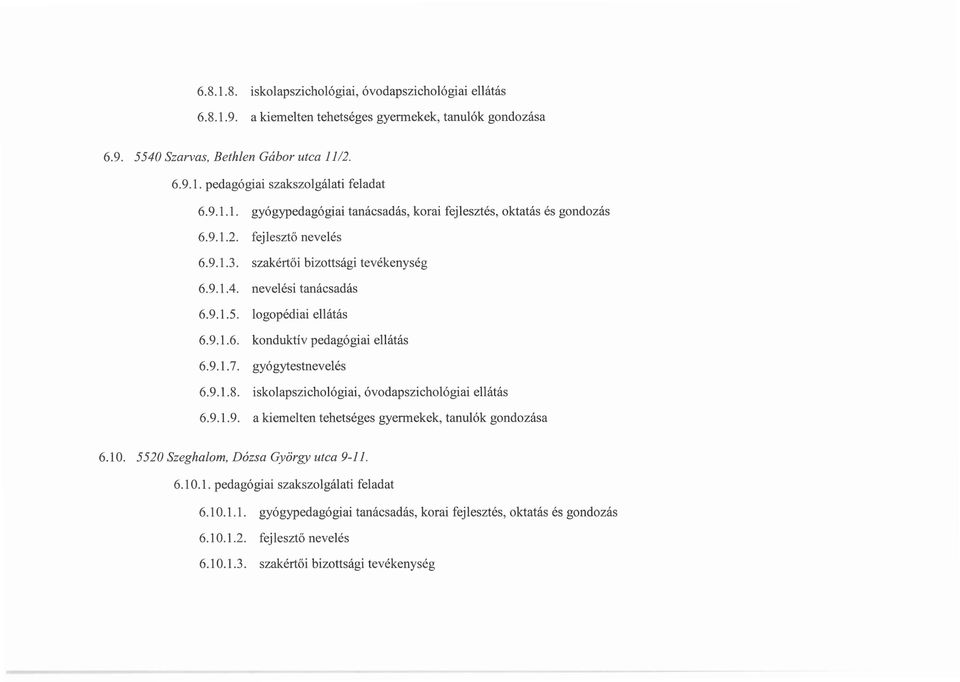 logopédiai ellátás 6.9.1.6. konduktív pedagógiai ellátás 6.9.1.7. gyógytestnevelés 6.9.1.8. iskolapszichológiai, óvodapszichológiai ellátás 6.9.1.9. a kiemelten tehetséges gyermekek, tanulók gondozása 6.