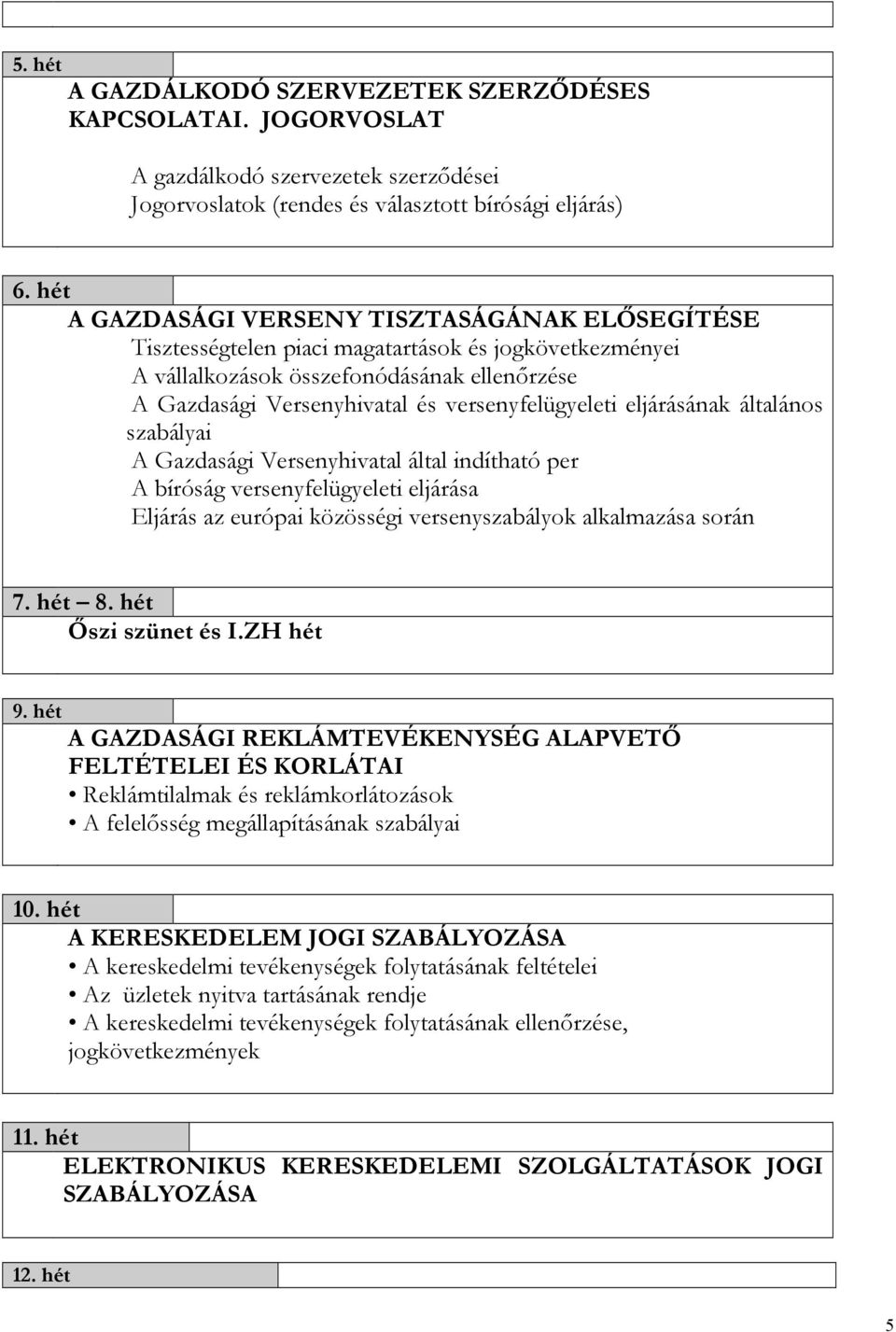 eljárásának általános szabályai A Gazdasági Versenyhivatal által indítható per A bíróság versenyfelügyeleti eljárása Eljárás az európai közösségi versenyszabályok alkalmazása során 7. hét 8.