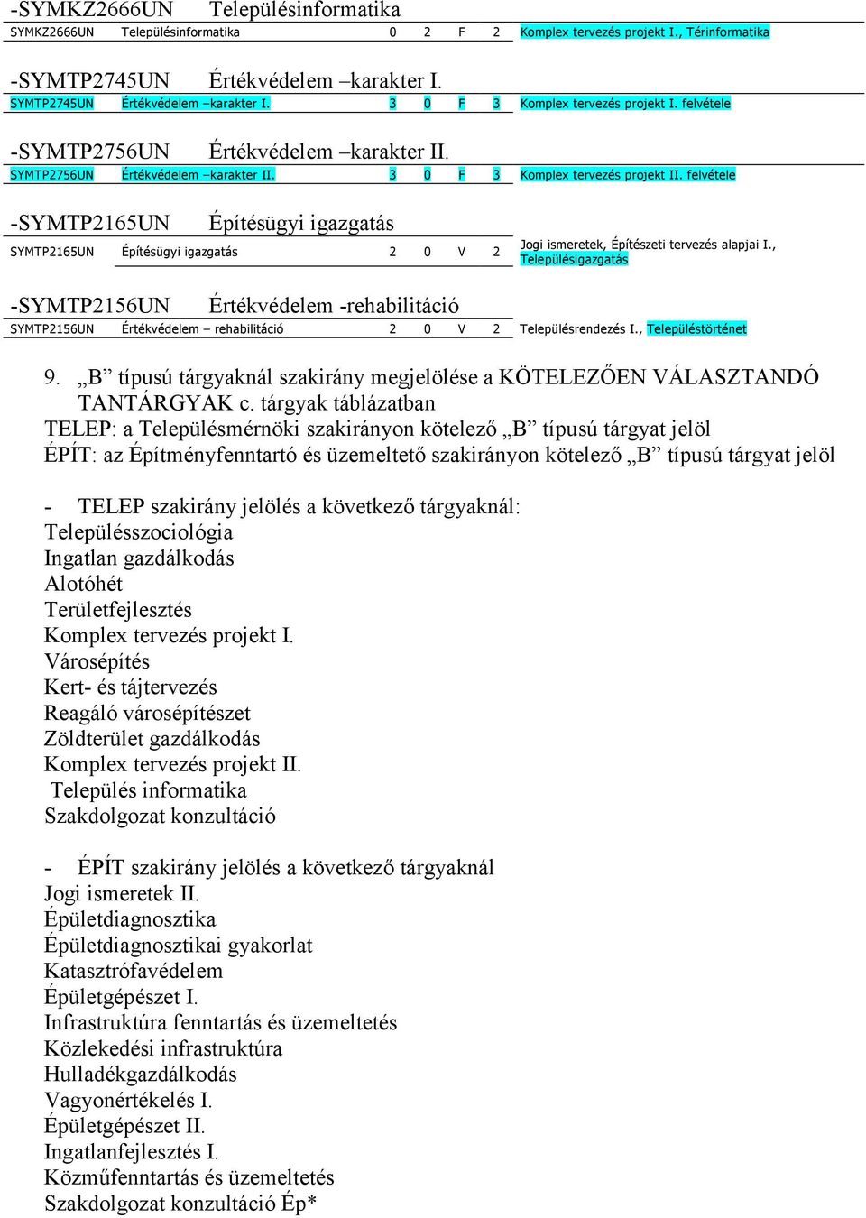 Jogi ismeretek, Építészeti tervezés alapjai, -SYMTPUN Értékvédelem -rehabilitáció SYMTPUN Értékvédelem rehabilitáció 0 V Településrendezés, Településtörténet.