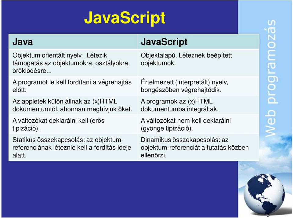 Statikus összekapcsolás: az objektumreferenciának léteznie kell a fordítás ideje alatt. JavaScript Objektalapú. Léteznek beépített objektumok.