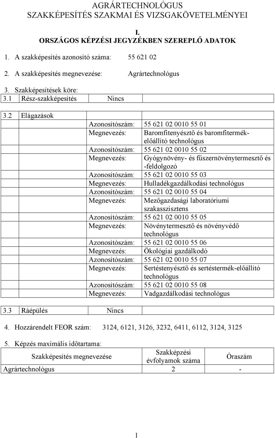 2 Elágazások Azonosítószám: 55 621 02 0010 55 01 Megnevezés: aromfitenyésztő és baromfitermékelőállító technológus Azonosítószám: 55 621 02 0010 55 02 Megnevezés: Gyógynövény- és