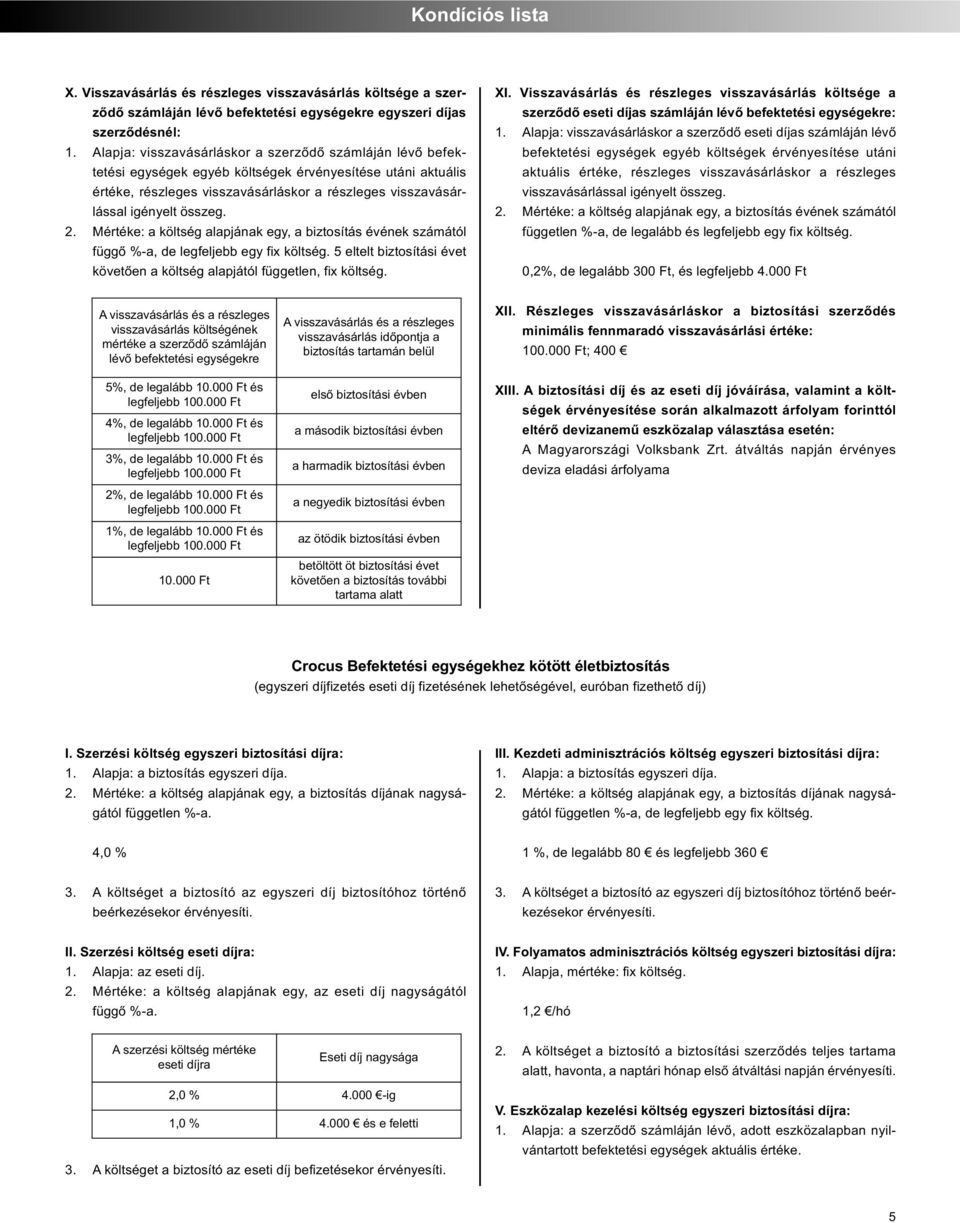 összeg. függő %-a, de legfeljebb egy fix költség. 5 eltelt biztosítási évet követően a költség alapjától független, fix költség. XI.