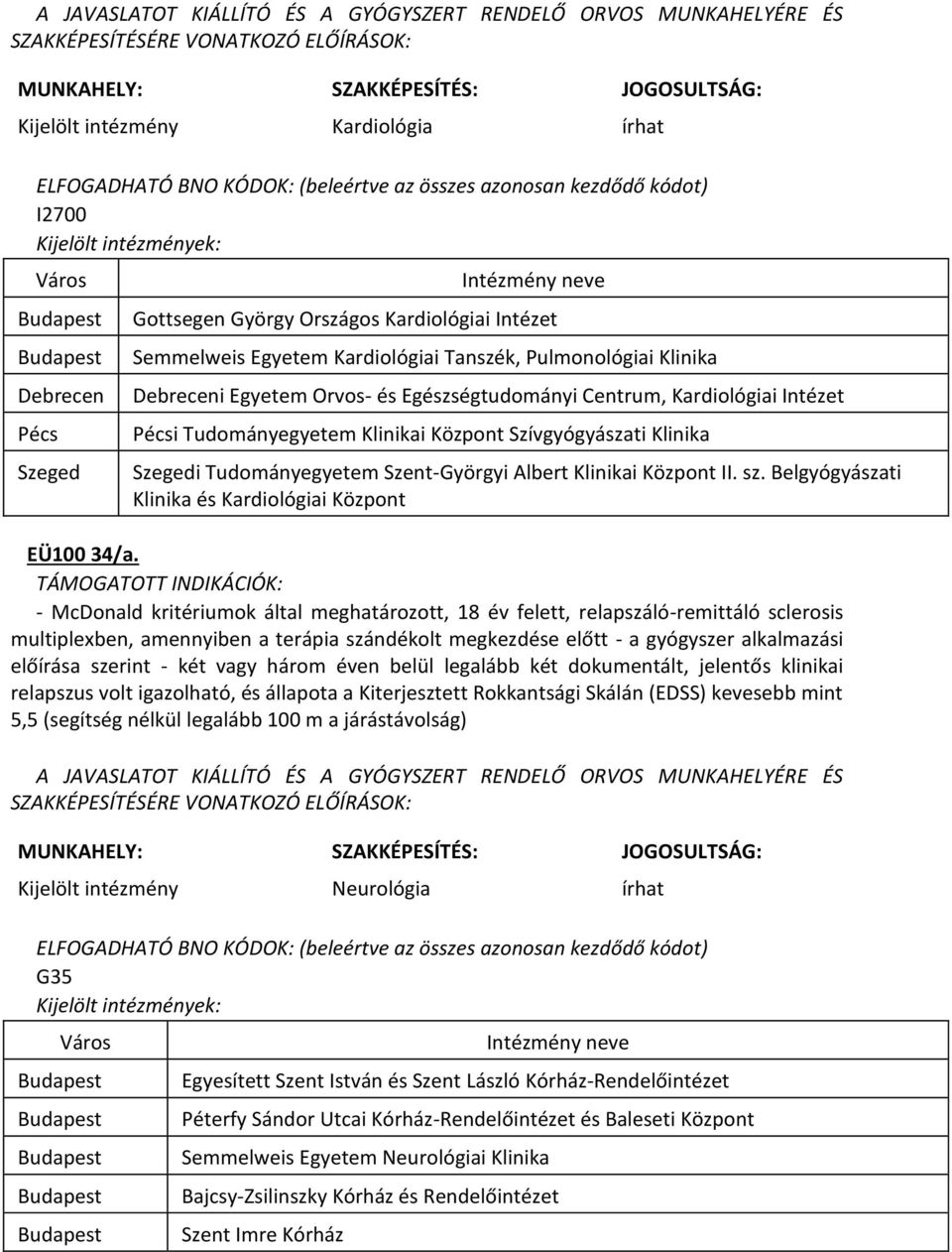 - McDonald kritériumok által meghatározott, 18 év felett, relapszáló-remittáló sclerosis multiplexben, amennyiben a terápia szándékolt megkezdése előtt - a gyógyszer alkalmazási előírása szerint -