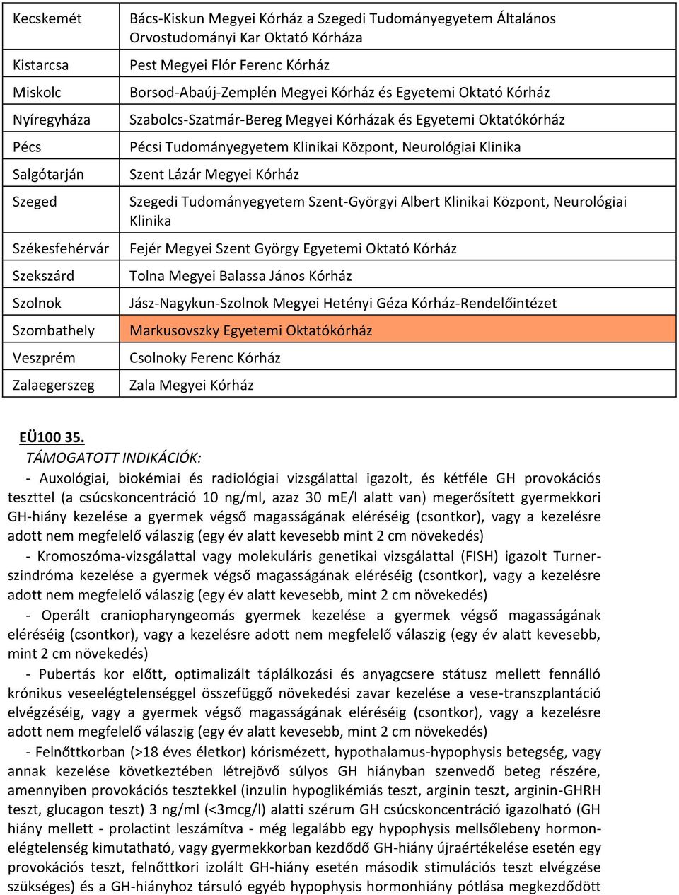 Lázár Megyei Kórház i Tudományegyetem Szent-Györgyi Albert i Központ, Neurológiai Fejér Megyei Szent György Egyetemi Oktató Kórház Tolna Megyei Balassa János Kórház Jász-Nagykun-Szolnok Megyei