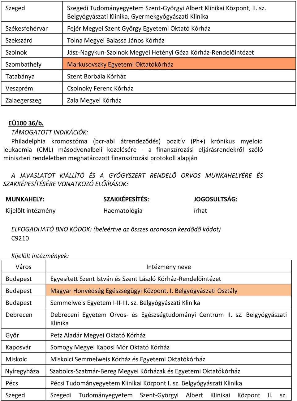 Egyetemi Oktatókórház Szent Borbála Kórház Csolnoky Ferenc Kórház Zala Megyei Kórház EÜ100 36/b.