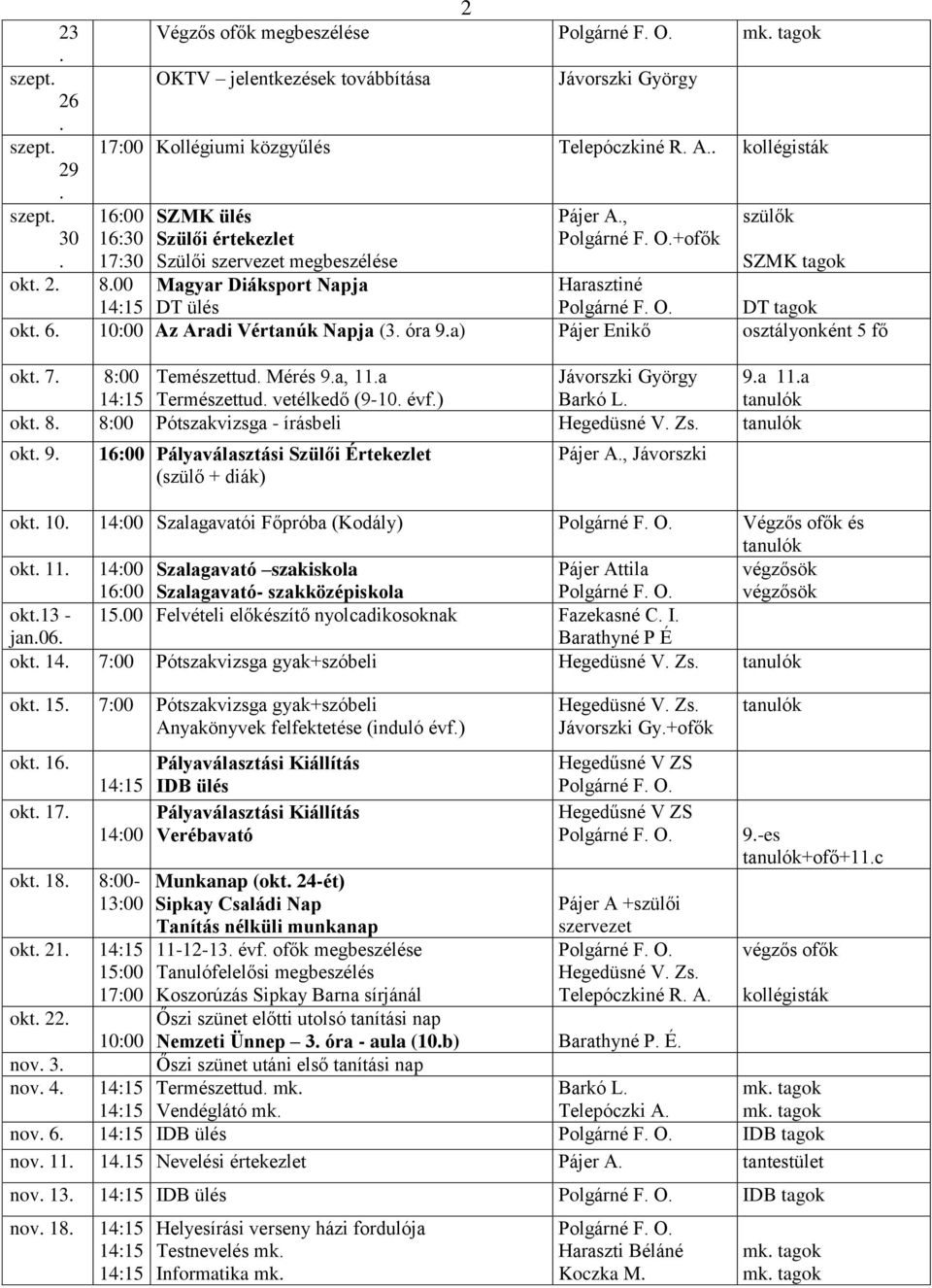 osztályonként 5 fő okt 7 8:00 Temészettud Mérés 9a, 11a 9a 11a Természettud vetélkedő (9-10 évf) Barkó L tanulók okt 8 8:00 Pótszakvizsga - írásbeli Hegedüsné V Zs tanulók okt 9 16:00 Pályaválasztási