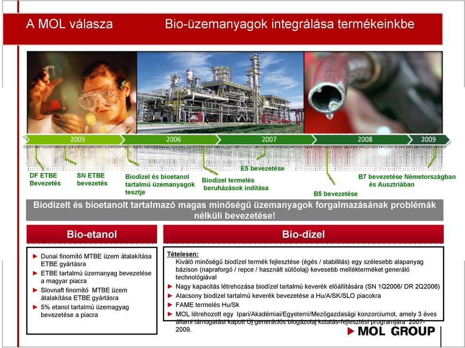 Bio-etanol Dunai finomító MTBE üzem átalakítása ETBE gyártásra ETBE tartalmú üzemanyag bevezetése a magyar piacra Slovnaftfinomító MTBE üzem átalakítása ETBE gyártásra 5% etanol tartalmú üzemagyag