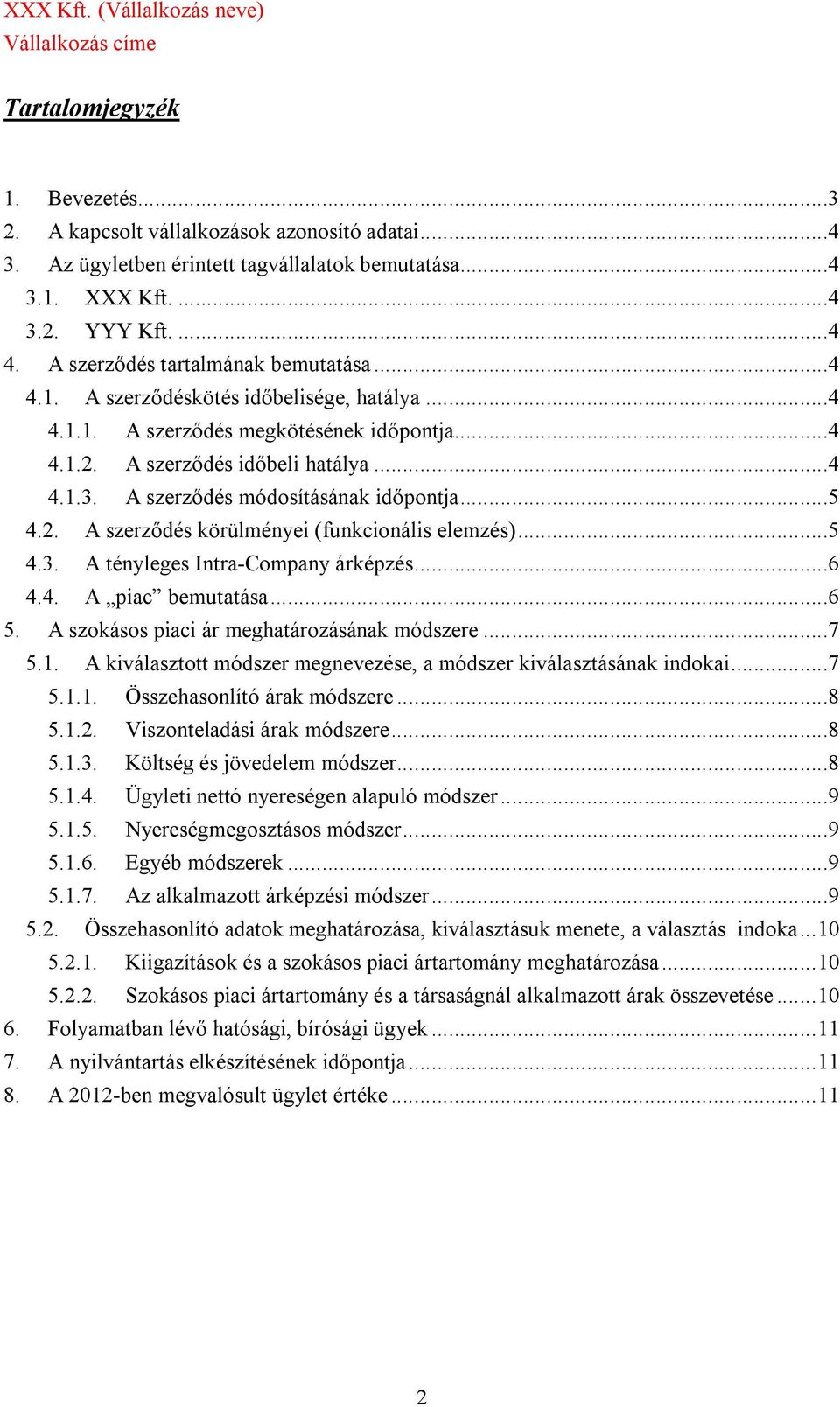 A szerződés módosításának időpontja...5 4.2. A szerződés körülményei (funkcionális elemzés)...5 4.3. A tényleges Intra-Company árképzés...6 4.4. A piac bemutatása...6 5.