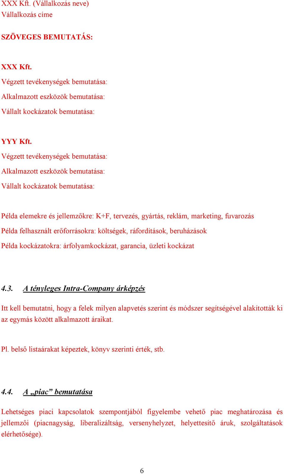 erőforrásokra: költségek, ráfordítások, beruházások Példa kockázatokra: árfolyamkockázat, garancia, üzleti kockázat 4.3.