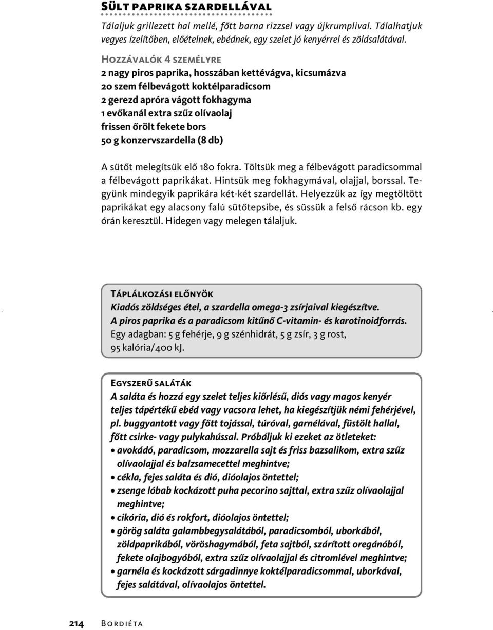 fekete bors 50 g konzervszardella (8 db) A sütôt melegítsük elô 180 fokra. Töltsük meg a félbevágott paradicsommal a félbevágott paprikákat. Hintsük meg fokhagymával, olajjal, borssal.