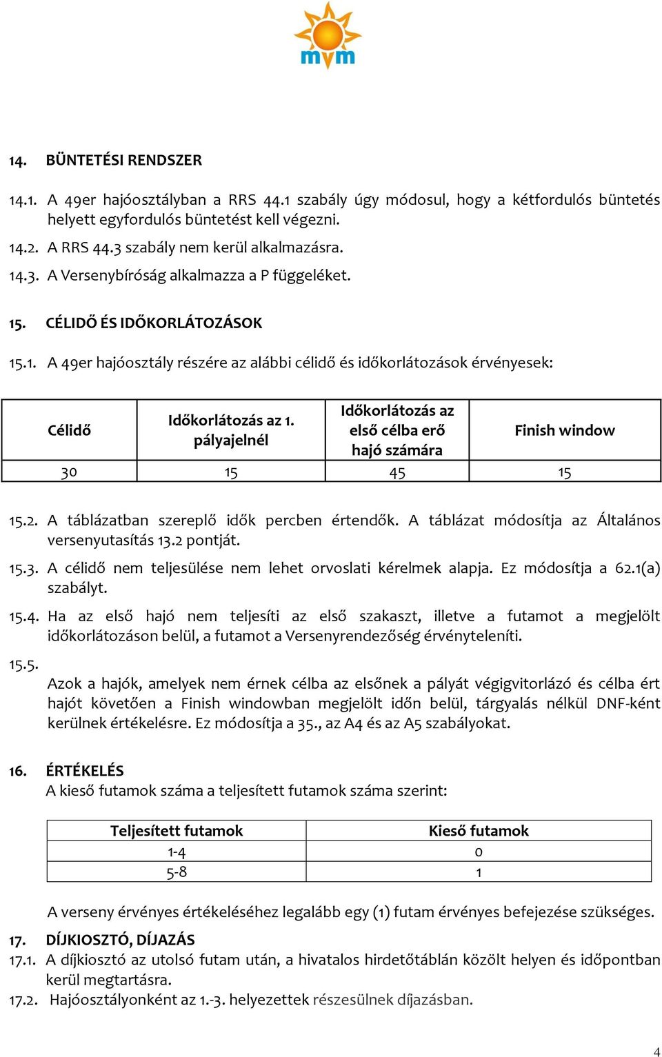 pályajelnél Időkorlátozás az első célba erő hajó számára Finish window 30 15 45 15 15.2. A táblázatban szereplő idők percben értendők. A táblázat módosítja az Általános versenyutasítás 13.2 pontját.