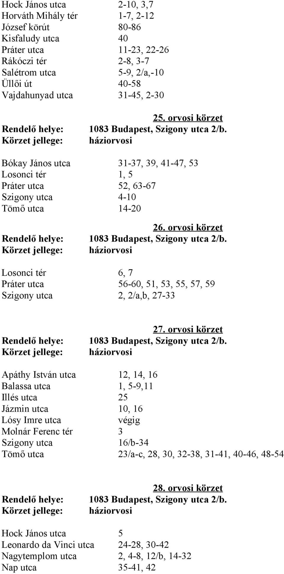 háziorvosi Bókay János utca 31-37, 39, 41-47, 53 Losonci tér 1, 5 Práter utca 52, 63-67 Szigony utca 4-10 Tömő utca 14-20 Rendelő helye: Körzet jellege: 26.