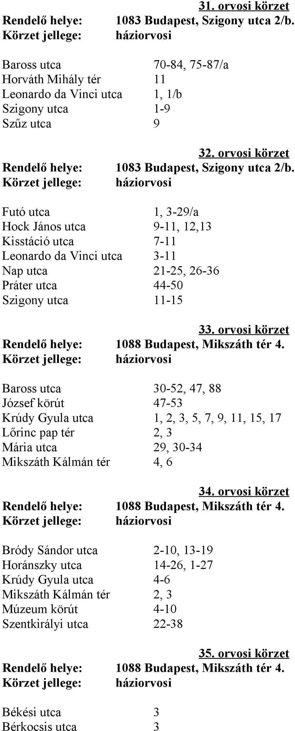 háziorvosi Futó utca 1, 3-29/a Hock János utca 9-11, 12,13 Kisstáció utca 7-11 Leonardo da Vinci utca 3-11 Nap utca 21-25, 26-36 Práter utca 44-50 Szigony utca 11-15 33.