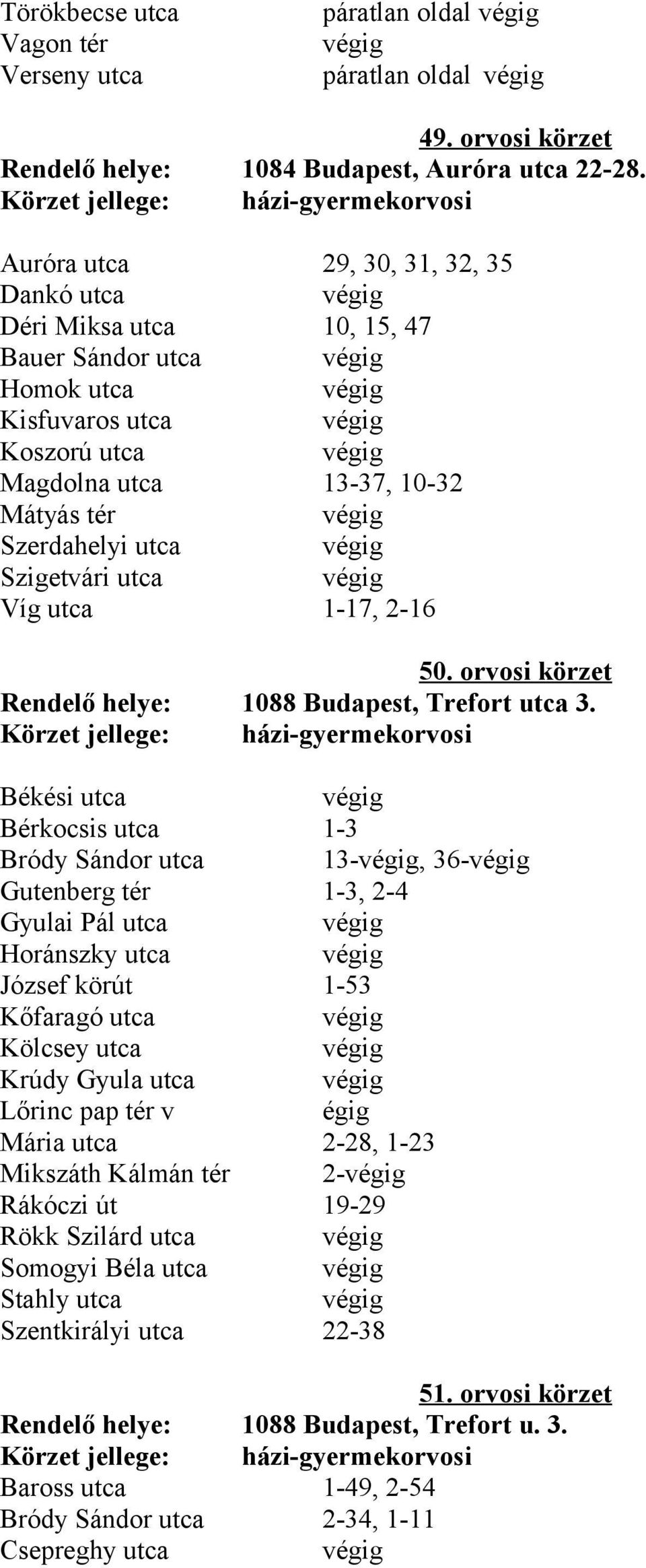 Szerdahelyi utca Szigetvári utca Víg utca 1-17, 2-16 50. orvosi körzet Rendelő helye: 1088 Budapest, Trefort utca 3.