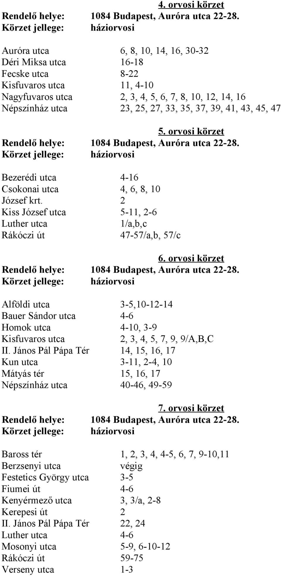 41, 43, 45, 47 5. orvosi körzet Rendelő helye: 1084 Budapest, Auróra utca 22-28. Bezerédi utca 4-16 Csokonai utca 4, 6, 8, 10 József krt.