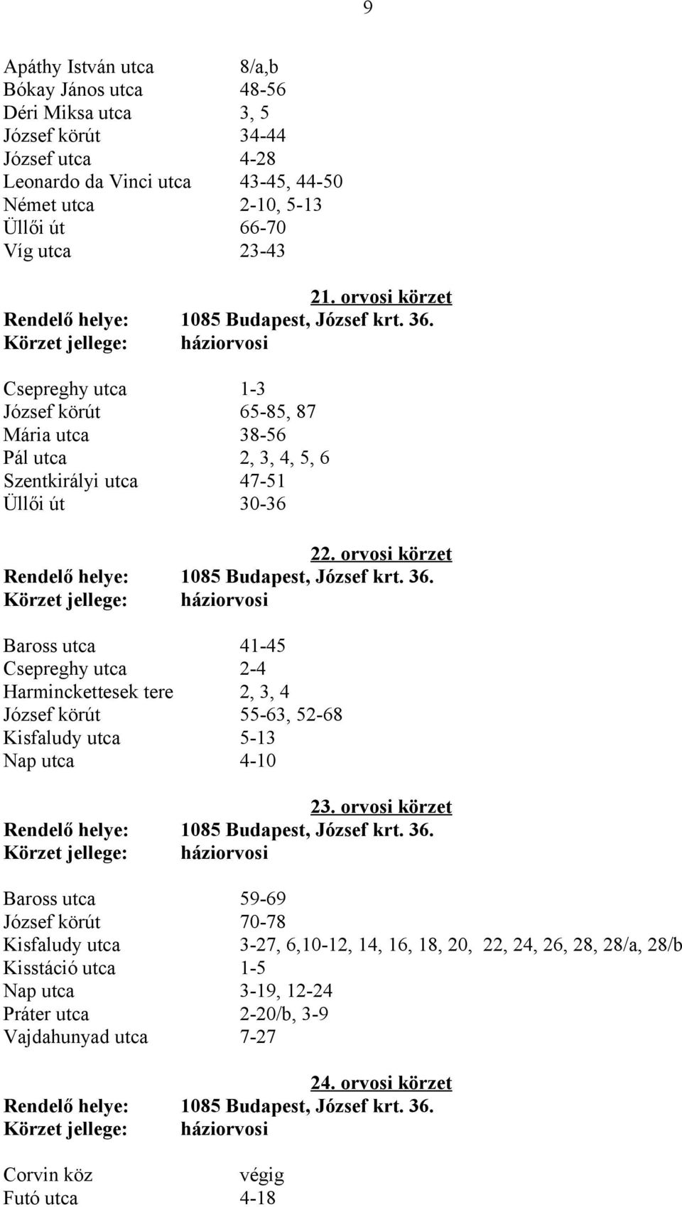 orvosi körzet Rendelő helye: 1085 Budapest, József krt. 36. Baross utca 41-45 Csepreghy utca 2-4 Harminckettesek tere 2, 3, 4 József körút 55-63, 52-68 Kisfaludy utca 5-13 Nap utca 4-10 23.