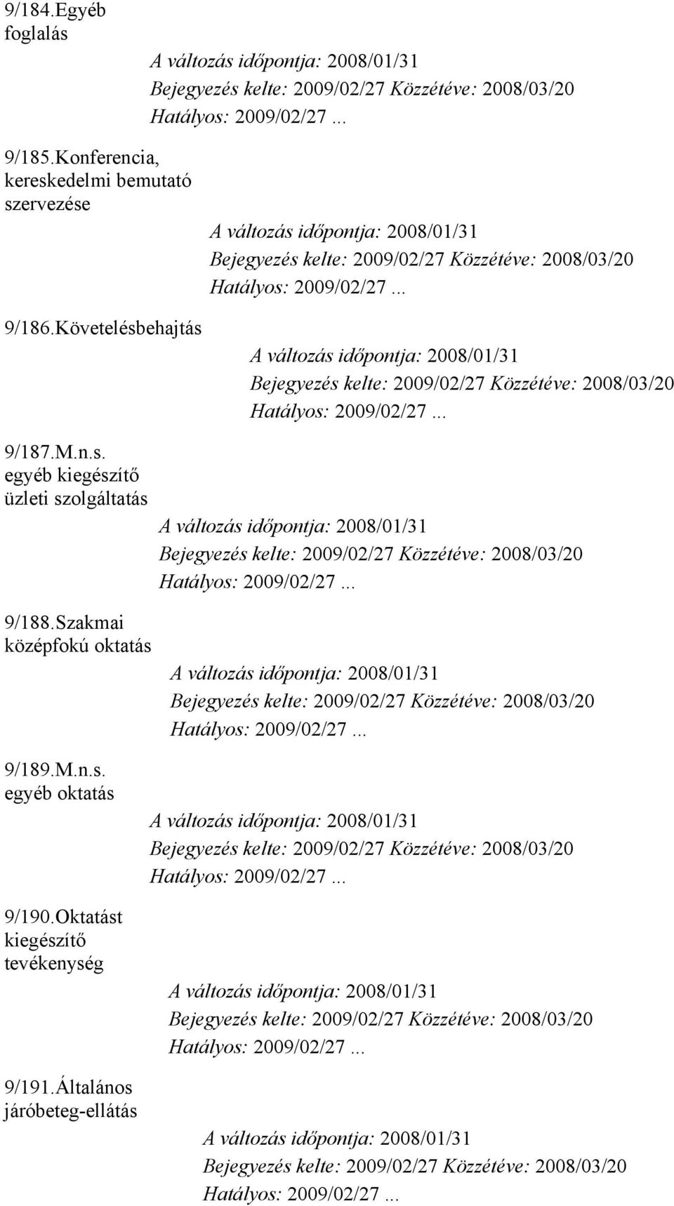 Követelésbehajtás 9/187.M.n.s. egyéb kiegészítő üzleti szolgáltatás 9/188.