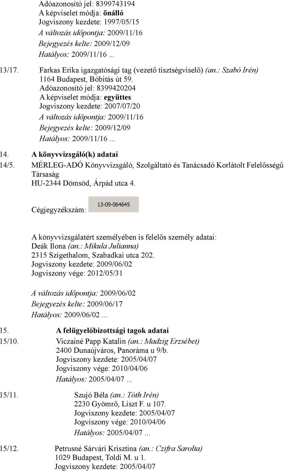 Adóazonosító jel: 8399420204 A képviselet módja: együttes Jogviszony kezdete: 2007/07/20 A változás időpontja: 2009/11/16 Bejegyezés kelte: 2009/12/09 Hatályos: 2009/11/16... 14.