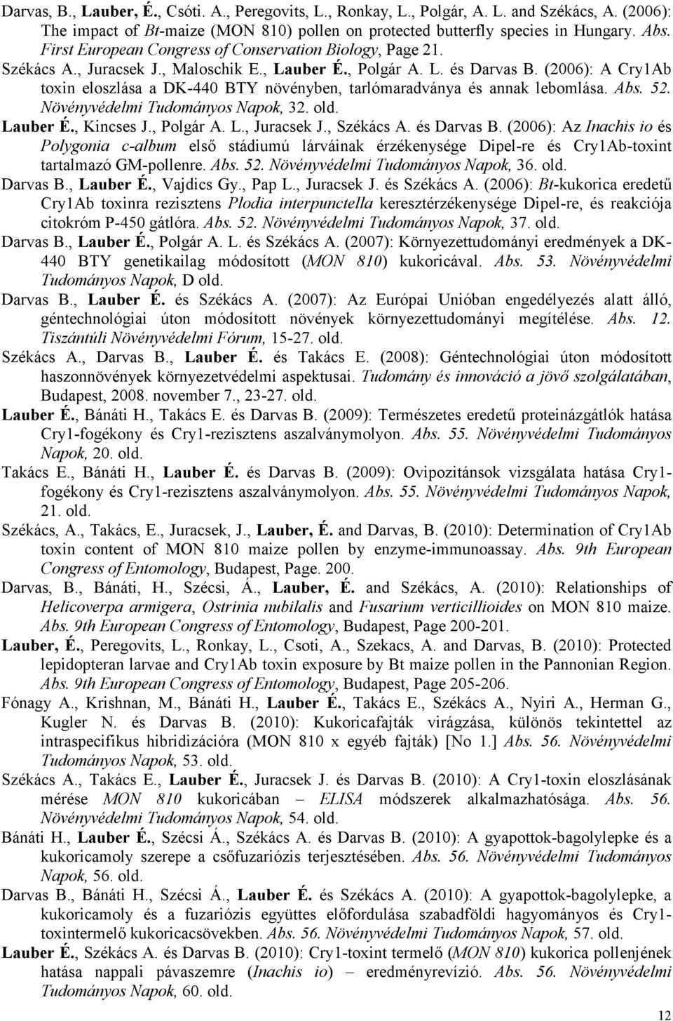 (2006): A Cry1Ab toxin eloszlása a DK-440 BTY növényben, tarlómaradványa és annak lebomlása. Abs. 52. Növényvédelmi Tudományos Napok, 32. old. Lauber É., Kincses J., Polgár A. L., Juracsek J.