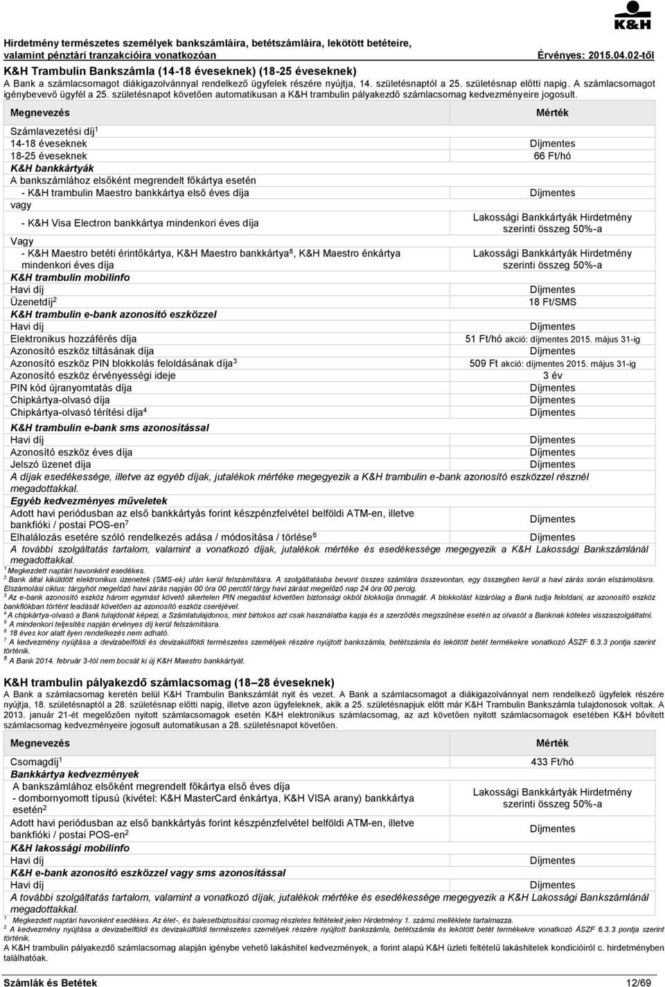 Számlavezetési díj 1 14-18 éveseknek 18-25 éveseknek 66 Ft/hó K&H bankkártyák A bankszámlához elsőként megrendelt főkártya esetén - K&H trambulin Maestro bankkártya első éves díja vagy - K&H Visa
